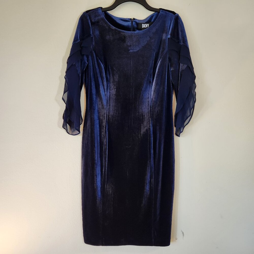 NWT  DKNY Deep Navy Velour Sheath Dress, Tiered Sleeve sz 8